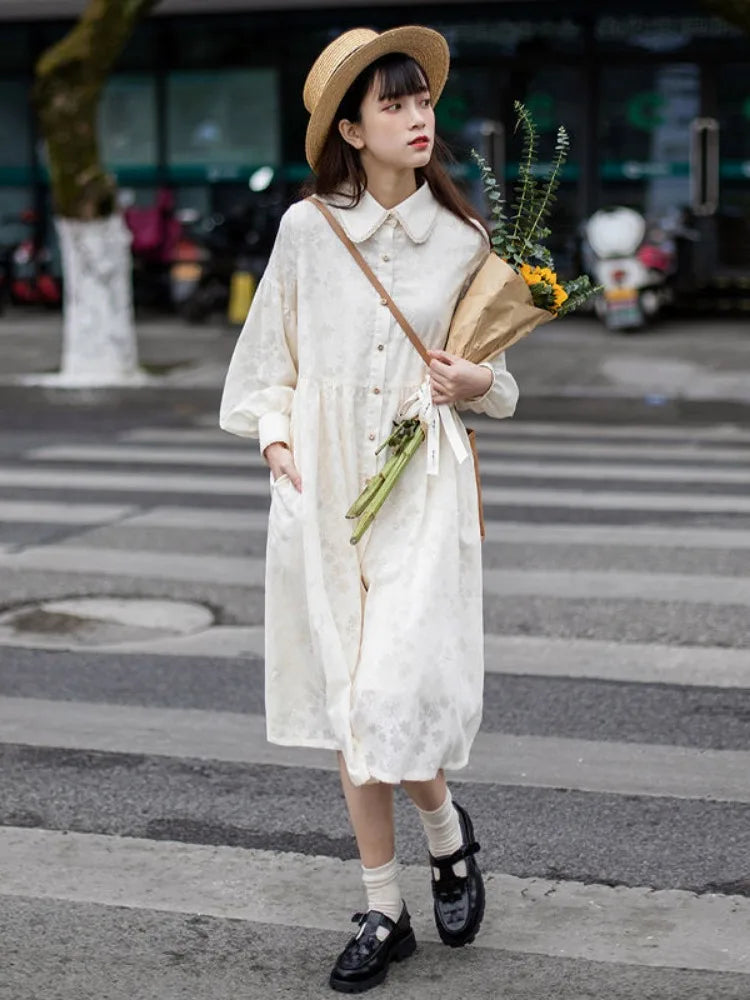 Vintage Kawaii Cute Lolita Shirt Dress Soft Girl Sweet Vintage Lantern Sleeve Midi Dresses Autumn