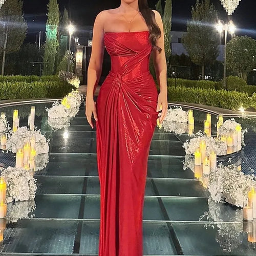 Load image into Gallery viewer, Off-shoulder Strapless Sexy Maxi Dress For Women Fashion Red Sleeveless Backless Thigh High Split Bodycon Club Dress
