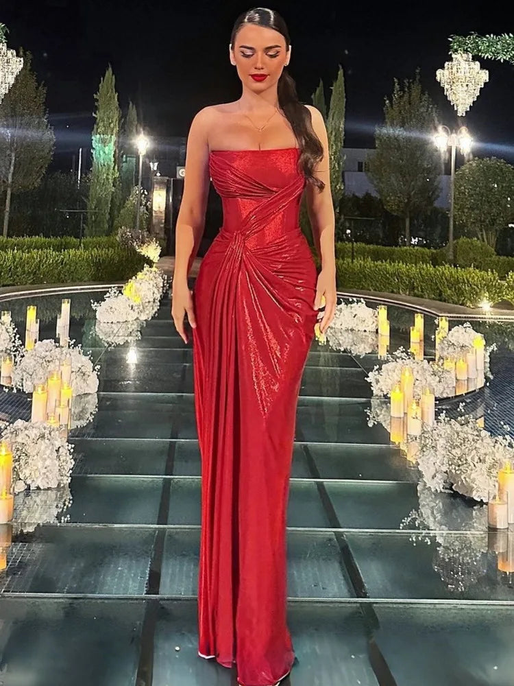 Off-shoulder Strapless Sexy Maxi Dress For Women Fashion Red Sleeveless Backless Thigh High Split Bodycon Club Dress