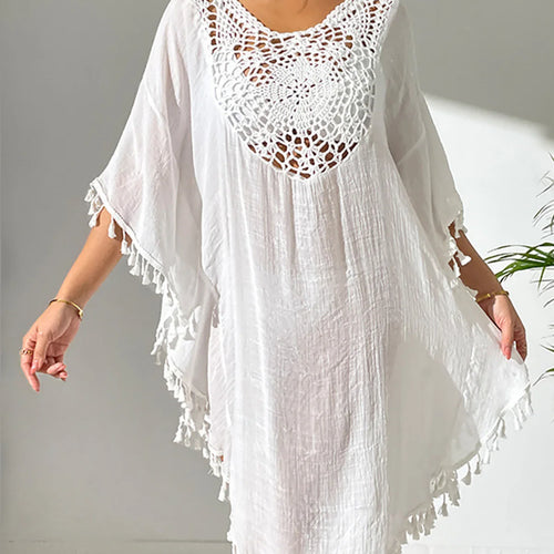 Load image into Gallery viewer, Fringe Tassel Embroidery Half Sleeve Tunic Beach Cover Up Cover-ups Long Beach Dress Beach Wear Beachwear Female Women V5328
