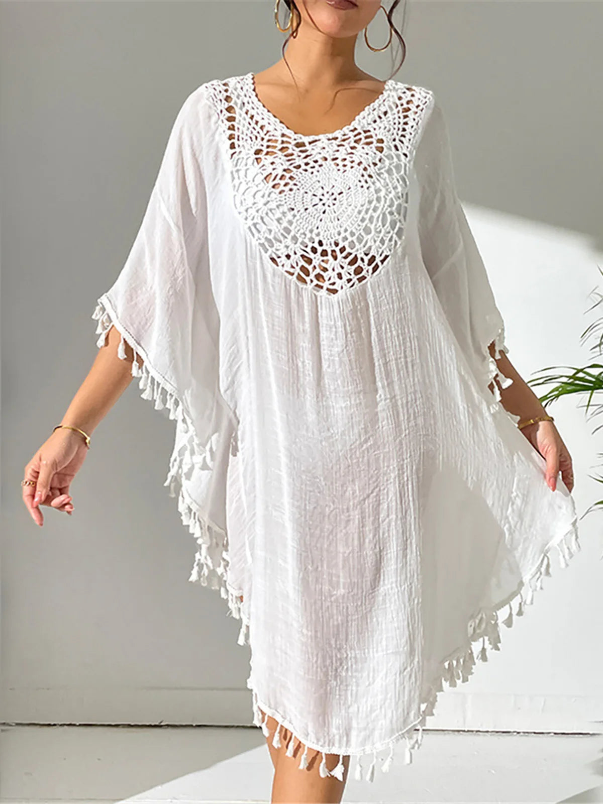 Fringe Tassel Embroidery Half Sleeve Tunic Beach Cover Up Cover-ups Long Beach Dress Beach Wear Beachwear Female Women V5328