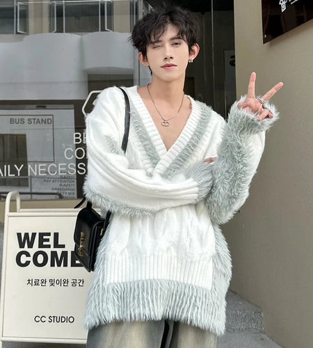 Korean Style Male Sweaters Patchwork Casual V-neck Contrast Color Twist Plush Men's Knitted Pullovers New Trendy 9C4135