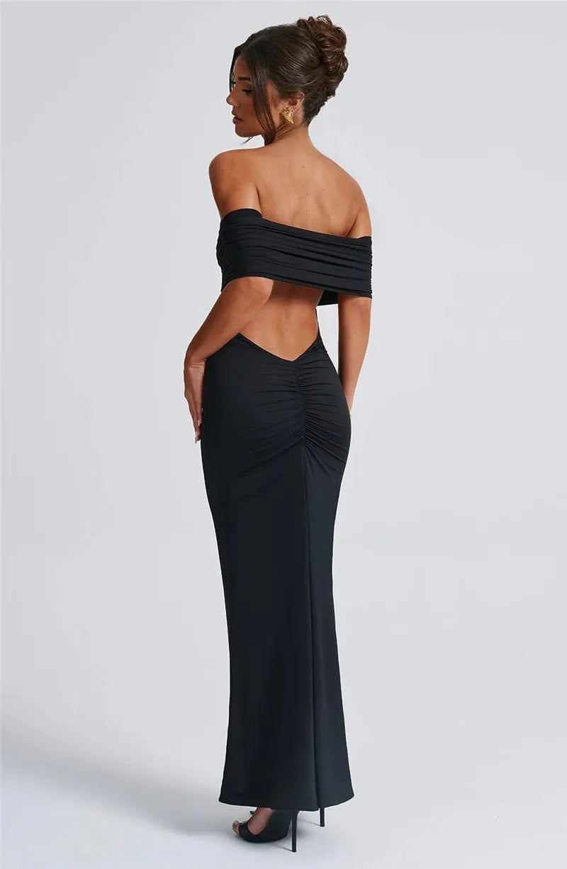 Strapless Backless Sexy Maxi Dress For Women Black Solid Off-shoulder Sleeveless Bodycon Club Party Long Dress Elegant
