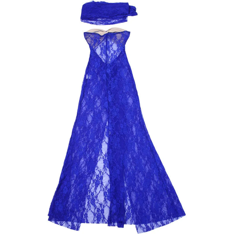 Lace See Through Strapless Sexy Maxi Dress For Women Gown Halter Hollow Out Sleeveless Backless High Split Long Dress