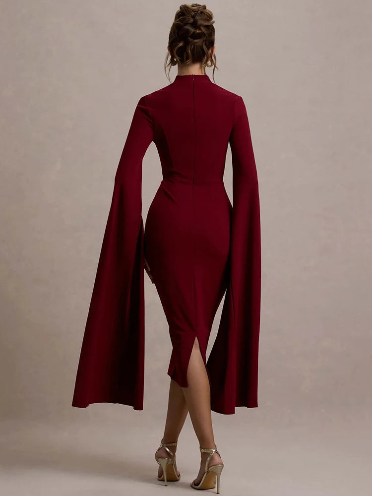 Cape Long Sleeve Sexy Midi Dress For Women Autumn Winter New Square Collar Back Slit Bodycon Club Party Long Dress