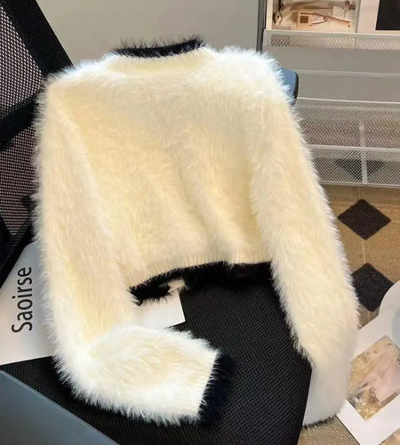 Autumn Winter Sweet Pink Patchwork Single Breasted Knitted Mink Sweater French Women's White Elegant Cardigan Tops Streetwear