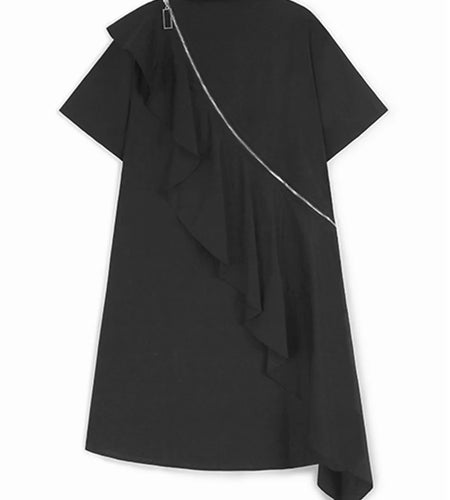 Women White Zipper Ruffles Hollow Out Big Size Shirt Dress New Lapel Short Sleeve Fashion Tide Spring Summer 2025 1DJ1209