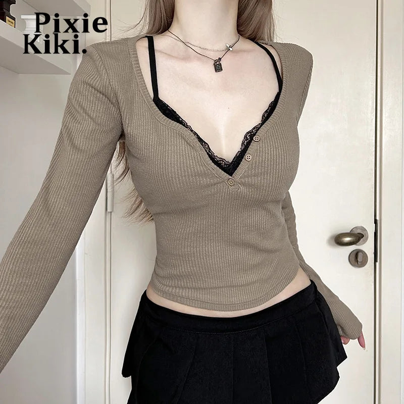 Fake Two-piece Lace Deep V Neck Long Sleeve Shirts Women 2024 Autumn Winter Y2k Ribbed Cropped Top P84-CD23