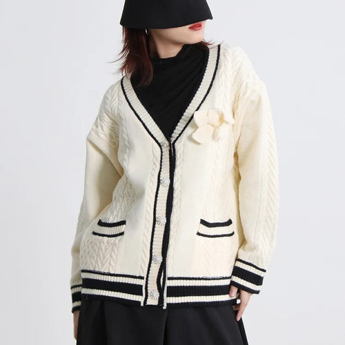 Load image into Gallery viewer, Patchwork Colorblock Knitting Sweater For Women Peter Pan Collar Long Sleeve Single Breasted Cardigan Female Style
