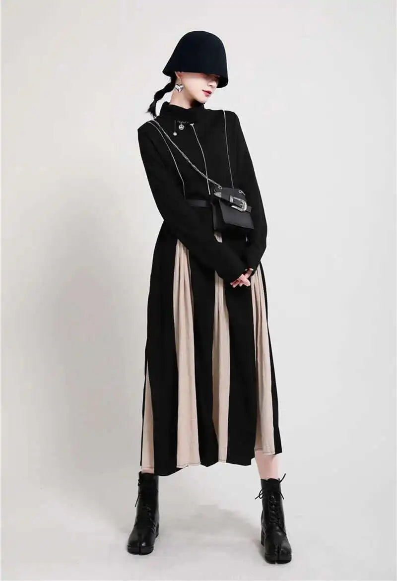Women Black White Contrast Color Long Dress New Turtleneck Long Sleeve Loose Fit Fashion Tide Autumn Winter 2025  1DD2153