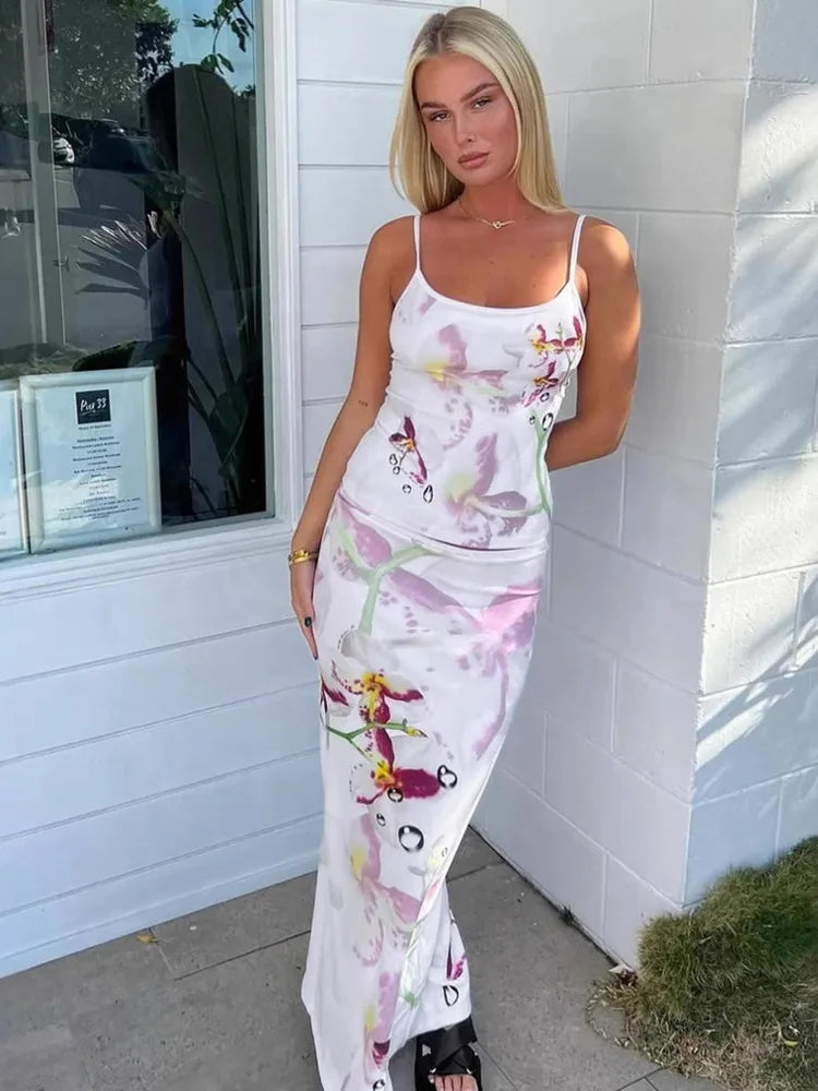 Print Sexy Two Piece Sets Women Fashion Spaghetti Strap Crop Tops And Maxi Skirt Ladies Elegant Printed Sexy Skirt Sets