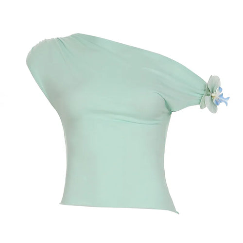 Load image into Gallery viewer, Y2k Aesthetic 3D Flower Cropped Tops 2025 Summer Streetwear Bodycon Skew Collar Tees Fairy Sexy Harajuku Pleated Grunge T-shirts
