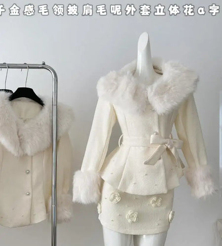 Autumn Winter Women Retro Beige Plush Neck Shawl Bandage Short Woolen Coat And Flower Decorate Mini Skirt 2024 New Two Piece Set