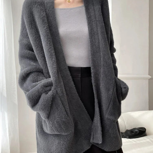 Load image into Gallery viewer, Sashes Cardigan For Women V Neck Long Sleeve Patchwork Pockets Knitting Casual Sweater Female Clothing Fashion
