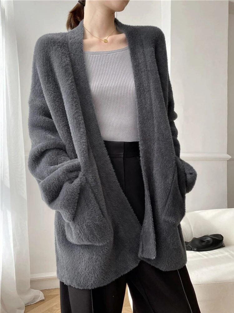 Sashes Cardigan For Women V Neck Long Sleeve Patchwork Pockets Knitting Casual Sweater Female Clothing Fashion