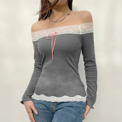 Load image into Gallery viewer, Vintage Fashion Skinny Women Tee Shirt Slim Lace Patched Top Off Shoulder Bow Y2K Aesthetic 90s Spring Shirt Clothing
