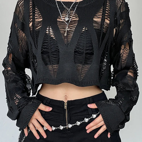 Load image into Gallery viewer, Grunge Vintage Hole Ripped Knitted Smock Tops Sexy Fashion Cropped Pullover Hollow Out Spring Autumn Sweater Knitwear
