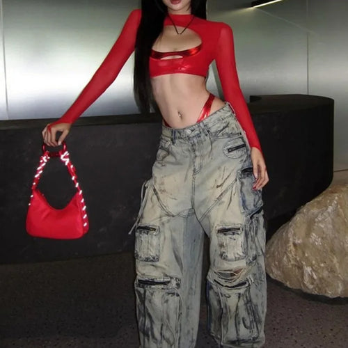 Load image into Gallery viewer, See Through Slim Women Hollow Out Harajuku T-shirt Sexy Y2k Aesthetic Mesh Harajuku Red Tshirts Streetwear Red Grunge Crop Tops
