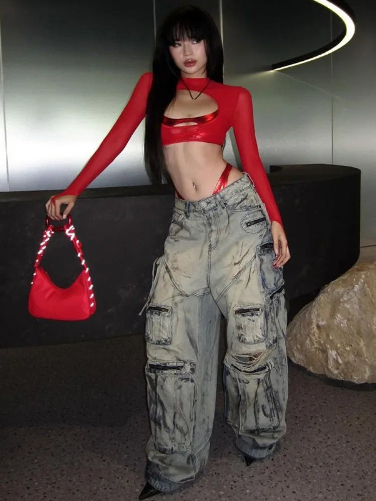 See Through Slim Women Hollow Out Harajuku T-shirt Sexy Y2k Aesthetic Mesh Harajuku Red Tshirts Streetwear Red Grunge Crop Tops