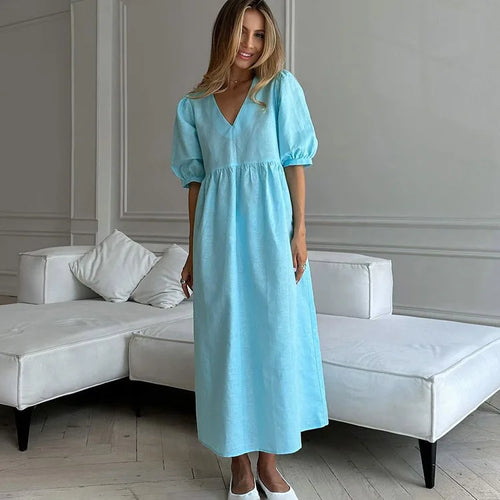 Load image into Gallery viewer, Short Puff Sleeve Maxi Dress For Women Fashion Autumn New Blue V Neck Loose Basic Casual Long Dress Elegant Gown

