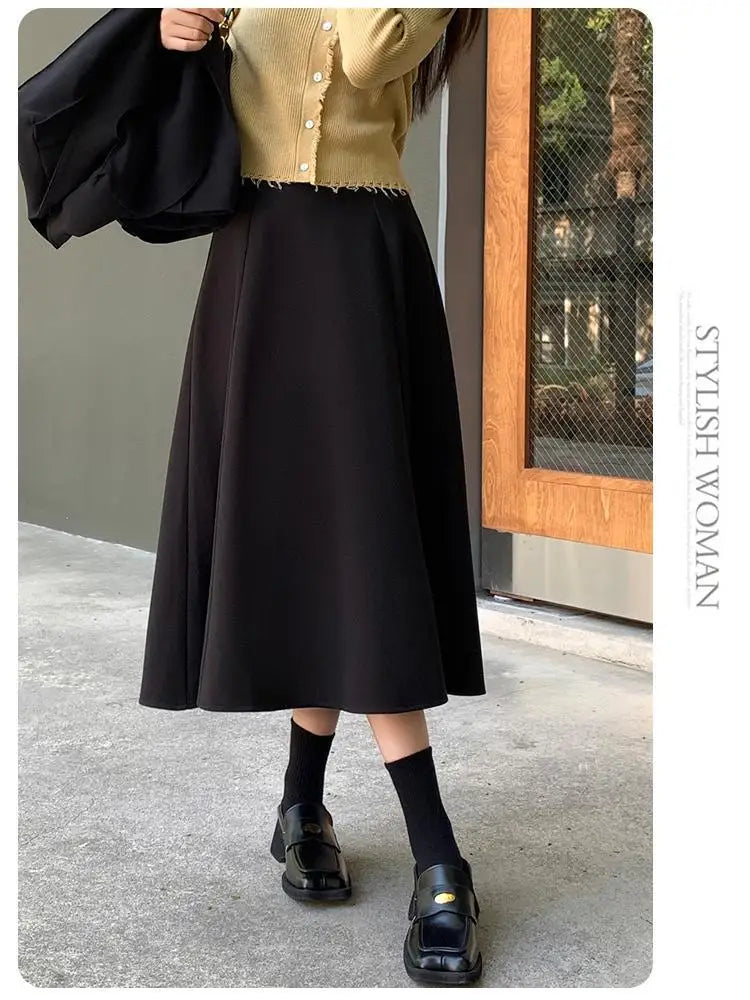 Black Woolen Long Skirt Women Autumn Winter Brown Vintage Elegant Female A Line High Waist Red Umbrella Skirt Thick Fashion