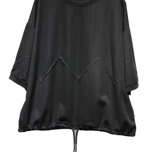 Load image into Gallery viewer, Women Black Hem Drawstring Spliced Big Size T-shirt New Round Neck Short Sleeve Fashion Tide Spring Summer 2025 1DJ1221
