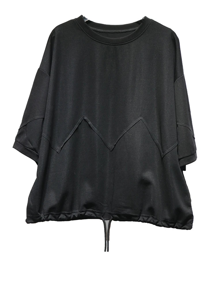 Women Black Hem Drawstring Spliced Big Size T-shirt New Round Neck Short Sleeve Fashion Tide Spring Summer 2025 1DJ1221