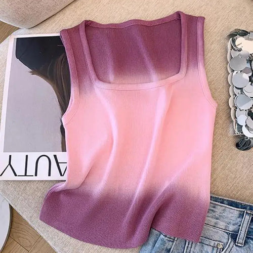 Load image into Gallery viewer, Korean Vintage Elegant Square-neck Gradient Knit Vest Summer Casual Sleeveless Short Tank Tops Women's Holiday Clothing Vestidos
