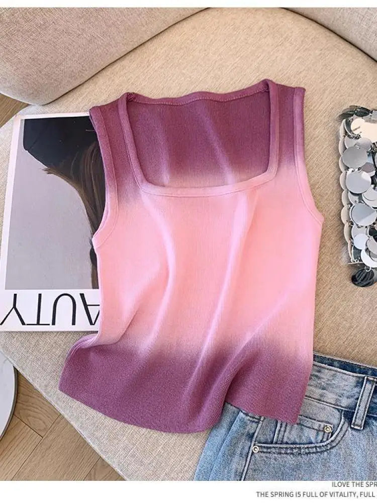 Korean Vintage Elegant Square-neck Gradient Knit Vest Summer Casual Sleeveless Short Tank Tops Women's Holiday Clothing Vestidos