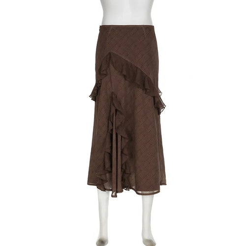 Load image into Gallery viewer, Asymmetrical Brown Boho Long Skirt Autumn Vintage Chiffon Ruffles Stitched Elegant Plaid Skirt Female Party Outfits
