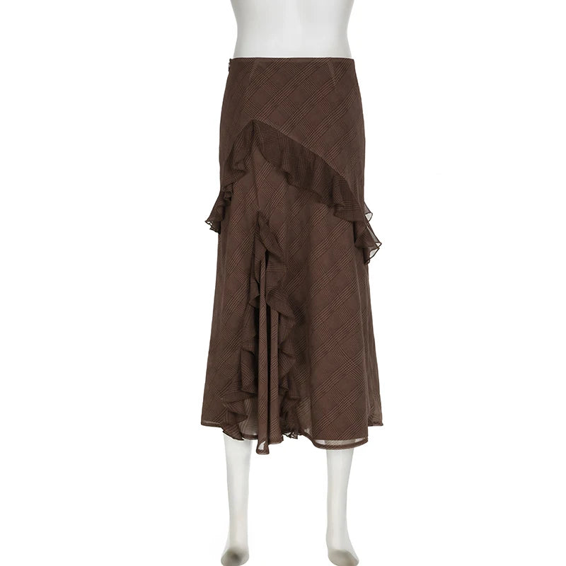 Asymmetrical Brown Boho Long Skirt Autumn Vintage Chiffon Ruffles Stitched Elegant Plaid Skirt Female Party Outfits