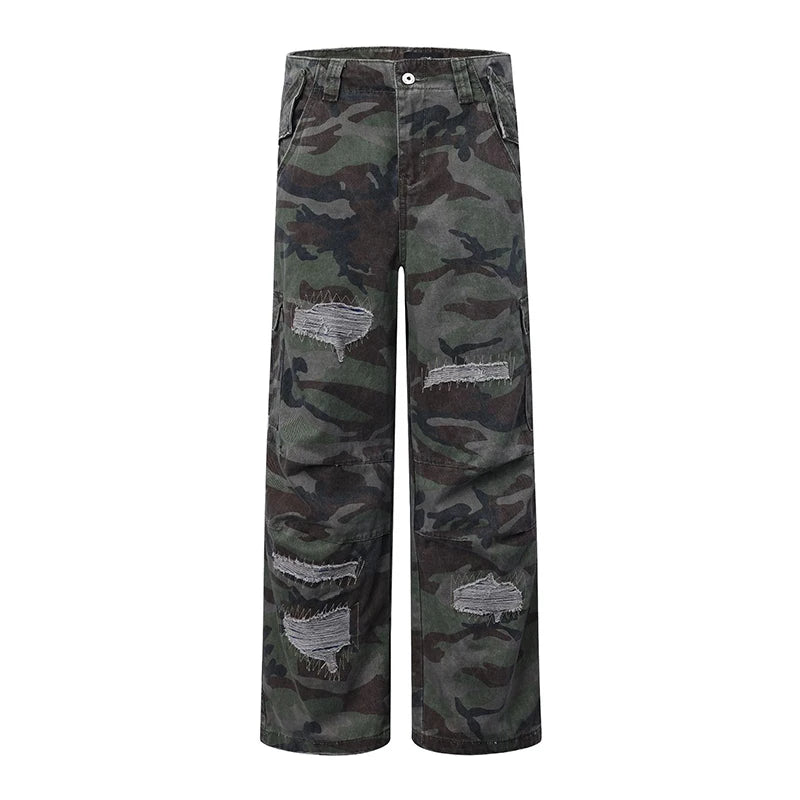 Men's Casual Pants New Summer Straight Wide Leg New American High Street Trendy Hole Design Male Loose Trousers 9W1888