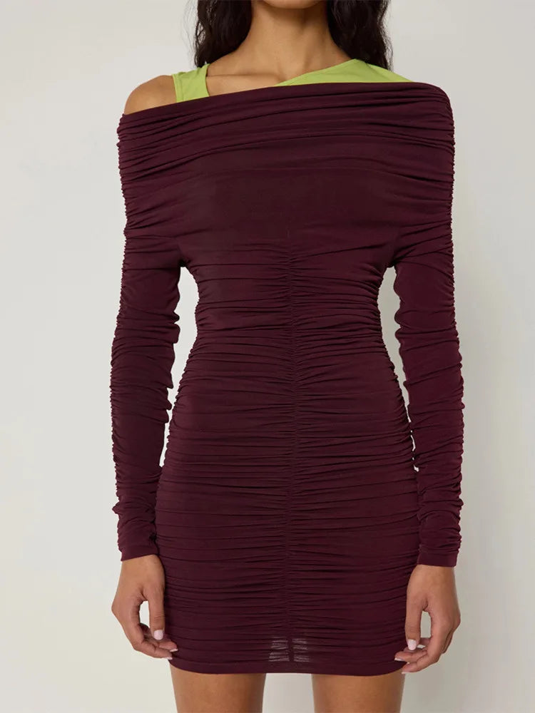 Elegant Long Sleeved Pleated Elastic Tight Dress Women 2025 New Autumn/Winter Short Skirt Sexy Slim Party Club Vestido