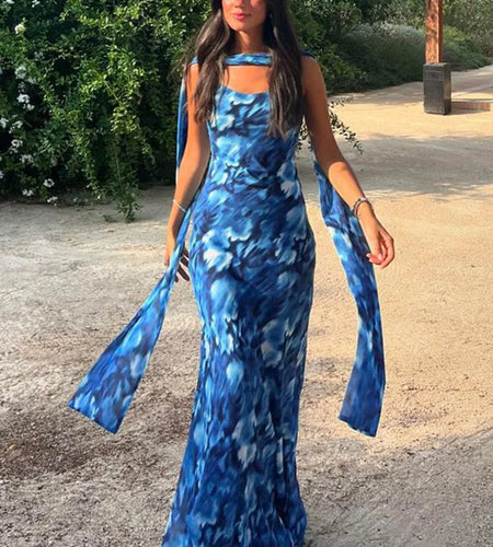 Halter Backless Print Sexy Maxi Dress For Women Gown Elegant Blue Printed Lace-up Sleeveless Evening Long Dress