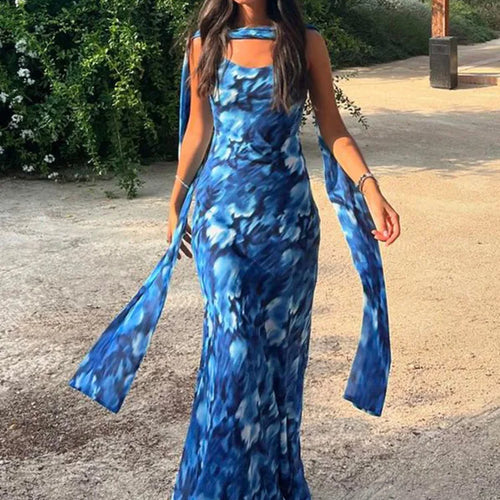 Load image into Gallery viewer, Halter Backless Print Sexy Maxi Dress For Women Gown Elegant Blue Printed Lace-up Sleeveless Evening Long Dress
