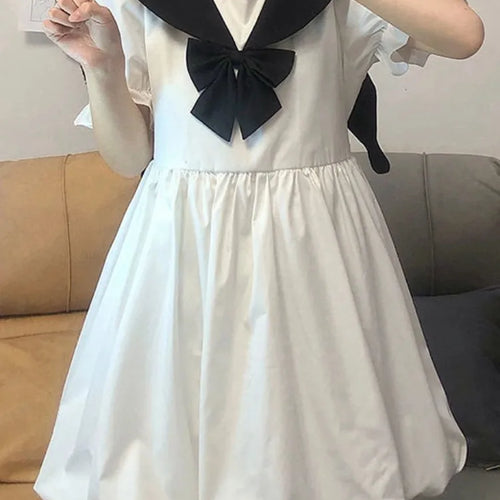 Load image into Gallery viewer, Japanese Sweet Kawaii Lolita White Dress Women Preppy Style School Tudent Sailor Collar Cute Cartoon Print Dresses
