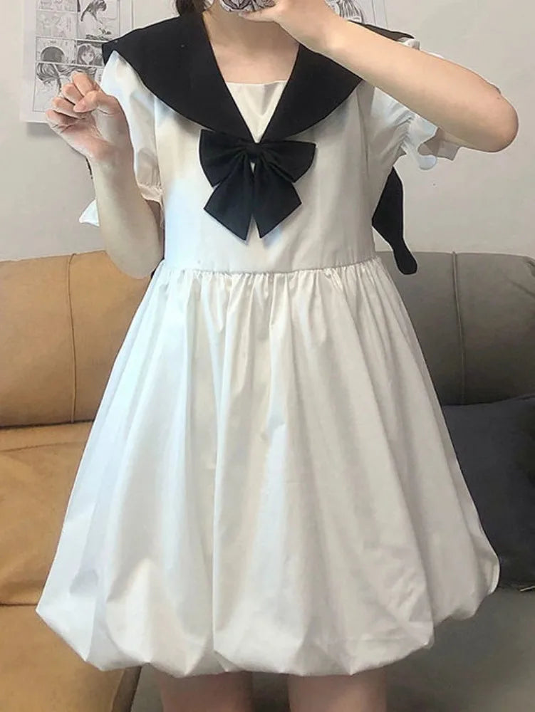 Japanese Sweet Kawaii Lolita White Dress Women Preppy Style School Tudent Sailor Collar Cute Cartoon Print Dresses