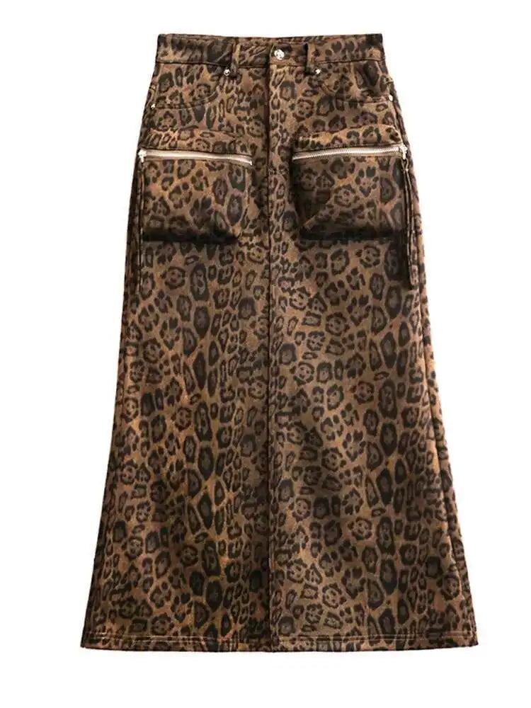 High Waist Leopard Print Pocket Shaped Long Straight Half-body Skirt Women Fashion Tide New Spring Autumn 2025 1DH8336
