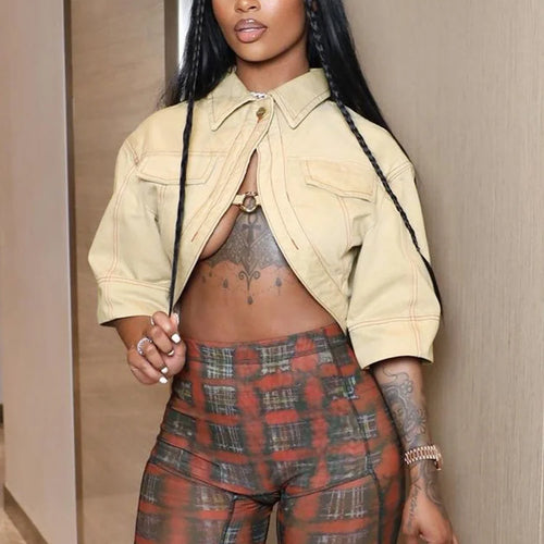 Load image into Gallery viewer, Small Personality Woman Jacker Button Metal Ring Autumn Cardigan Outdoor Street Fashion Half-Sleeved Lapel Short Coat
