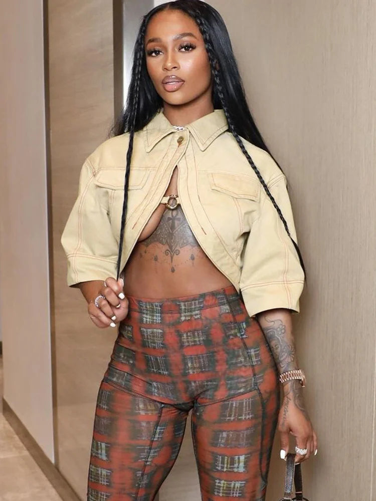 Small Personality Woman Jacker Button Metal Ring Autumn Cardigan Outdoor Street Fashion Half-Sleeved Lapel Short Coat