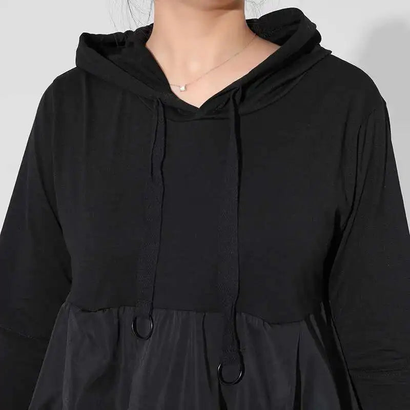 Women Black Drawstring Hollow Out Big Size Irregular Dress New Hooded Long Sleeve Fashion Tide Spring Autumn 2025 JD076