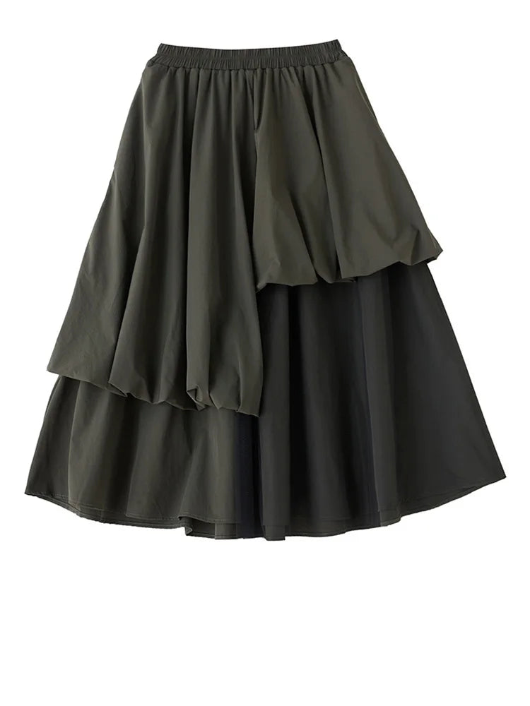 High Elastic Waist Army Green Mesh Irregular A-line Half-body Skirt Women Fashion Tide New Spring Autumn 2025 1DJ0313