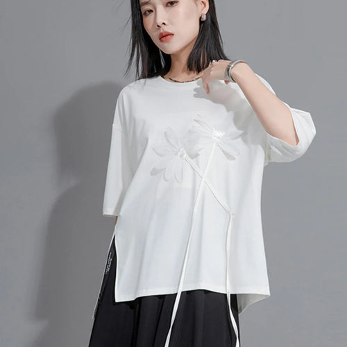 Load image into Gallery viewer, Women Black Flower Ribbon Big Size Casual T-shirt New Round Neck Short Sleeve Fashion Tide Spring Summer 2025 1DH9833
