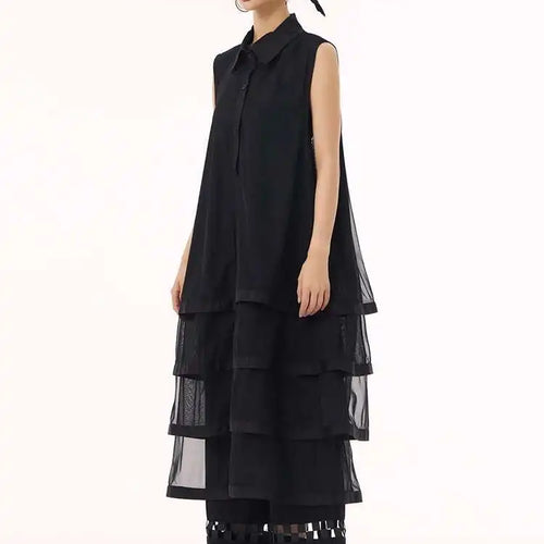 Load image into Gallery viewer, Women Black Layers Mesh Big Size Midi Vest Shirt Dress New Lapel Sleeveless Fashion Tide Spring Summer 2025 1DH9472
