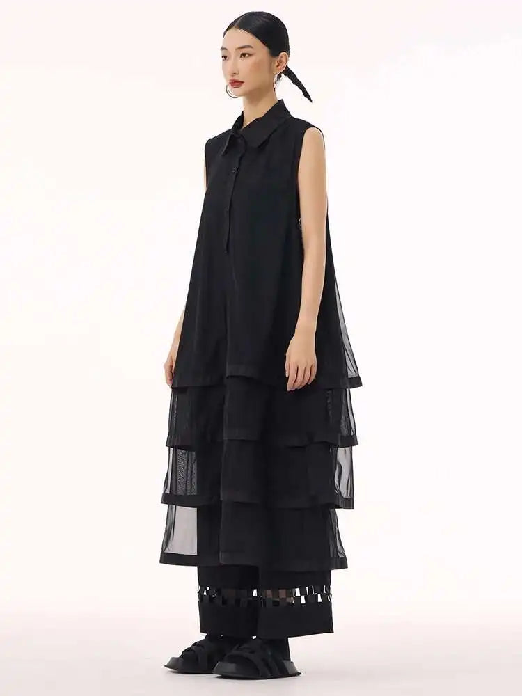 Women Black Layers Mesh Big Size Midi Vest Shirt Dress New Lapel Sleeveless Fashion Tide Spring Summer 2025 1DH9472