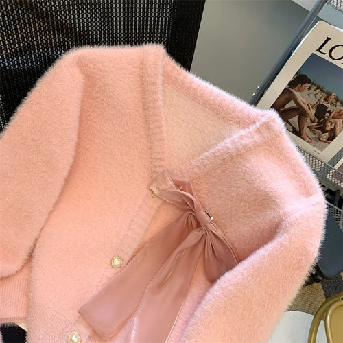 Load image into Gallery viewer, Sweet Pink Single Breasted Imitation Mink Sweater Jacket For Women&#39;s 2024 Autumn Winter New Bow Decorate Knit Cardigan Tops Chic
