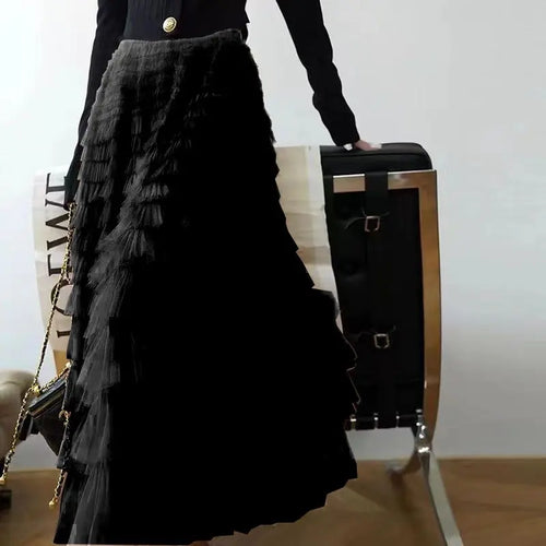 Load image into Gallery viewer, Solid Mesh Cake Skirts Women Elegant Cascading Ruffles A Line Long Skirt Female Casual Elastic Waist Party Princess Skirt French
