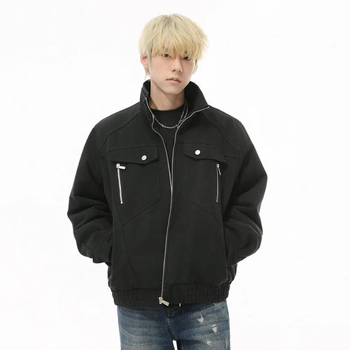 Load image into Gallery viewer, Korean Style Men&#39;s Jackets Plush Turn-down Collar Solid Color Casual Zipper Patchwork Short Male Simple Cloth Autumn 9C8968
