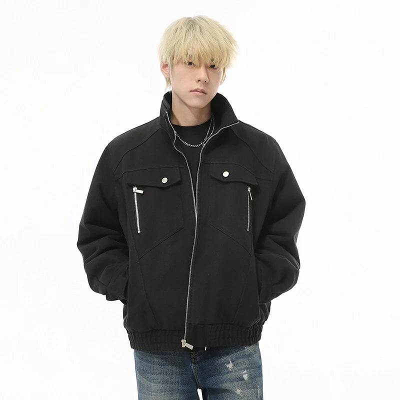 Korean Style Men's Jackets Plush Turn-down Collar Solid Color Casual Zipper Patchwork Short Male Simple Cloth Autumn 9C8968