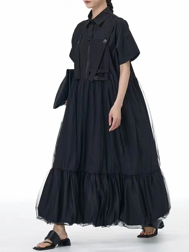 Women Green Mesh Spliced Big Size Bud Strap Dress New Square Collar Sleeveless Fashion Tide Spring Autumn 2025 1DJ1322